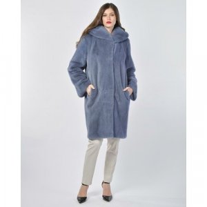 Пальто , норка, силуэт свободный, капюшон, пояс/ремень, размер 38, голубой Manakas Frankfurt. Цвет: голубой
