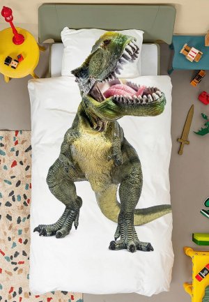 Постельное белье детское Bellehome Мама я Динозавр, сатин, пододеяльник на молнии. Цвет: белый