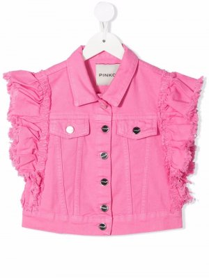 Джинсовая куртка без рукавов с оборками Pinko Kids. Цвет: розовый