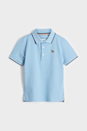 Синяя рубашка-поло с короткими рукавами для мальчика полосками под зебру и логотипом , синий Paul Smith