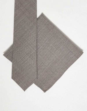 Коричневый узкий галстук и нагрудный платок с узором «гусиные лапки» Noak