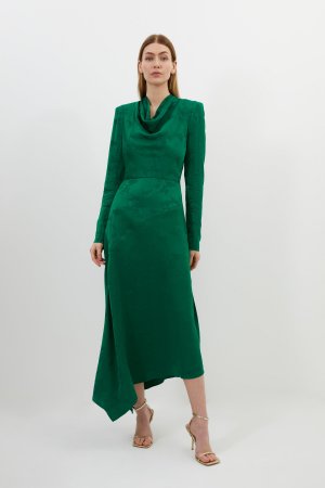 Тканое платье миди премиум-класса с жаккардовым воротником и длинными рукавами , зеленый Karen Millen