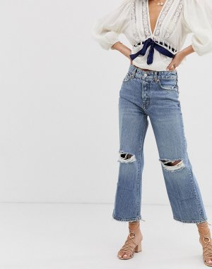 Широкие укороченные джинсы с дырками на коленях Ranger-Синий Free People