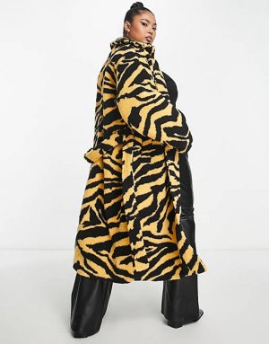 Эксклюзивное длинное пальто плюшевого принта с желтым тигровым принтом и поясом Curve Pieces