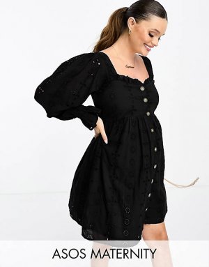 Эксклюзивное черное платье с квадратным вырезом и пуговицами ASOS DESIGN Maternity