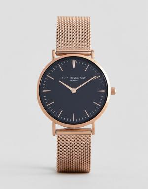 Черные часы с золотисто-розовым сетчатым ремешком Elie Beaumont. Цвет: золотой