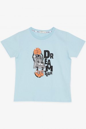 Футболка для мальчика Dream Team с тематическим принтом баскетболиста и робота, голубая (4–8 лет) Breeze