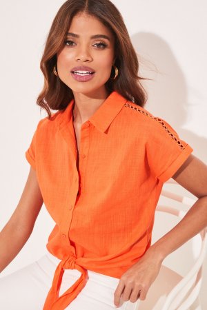 Рубашка с короткими рукавами завязками спереди и застежкой на пуговицы , оранжевый Lipsy
