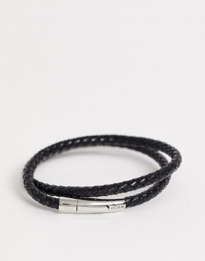Черный плетеный кожаный браслет с застежкой из нержавеющей стали Icon Brand