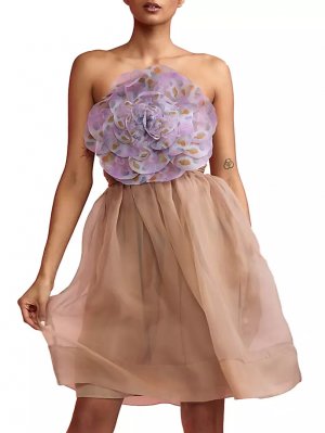 Мини-платье без бретелек с цветком из органзы , цвет camel Cynthia Rowley