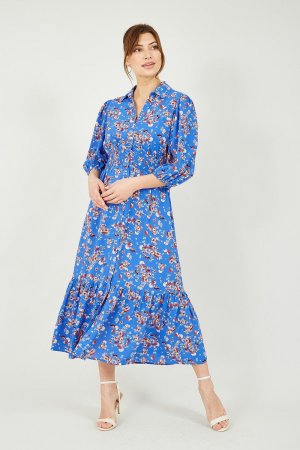 Синее платье-рубашка миди с цветочным принтом , синий Yumi