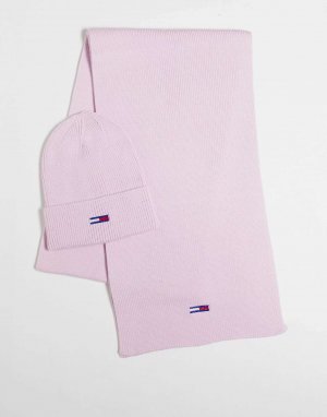 Розовая шапка и шарф с логотипом Tommy Jeans
