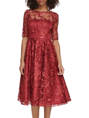 Праздничное кружевное платье миди с вышивкой , красный Eliza J