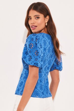 Блузка с рукавами-фонариками и английской вышивкой , синий Lipsy