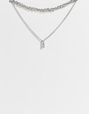 Серебристое ярусное ожерелье из крупной цепи и цепочки с подвеской в виде замочка -Серебряный Topshop
