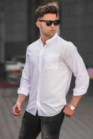 Мужская белая льняная однотонная рубашка с длинным рукавом 5548 MADMEXT