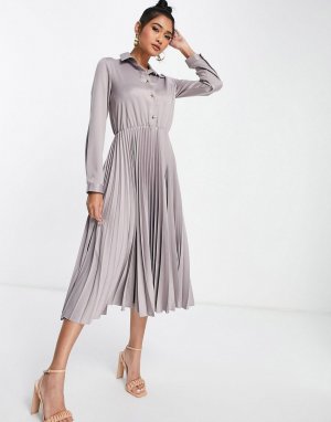 Атласное платье-рубашка миди с юбкой в складку -Серый Closet London