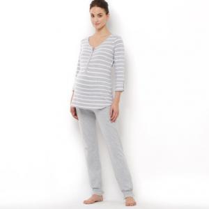 Пижама для периода беременности и кормления грудью COCOON. Цвет: в полоску белый/серый меланж,черный/в полоску