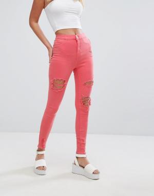 Яркие зауженные джинсы New Look. Цвет: розовый