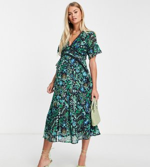 Чайное платье миди с контрастной кружевной отделкой и сине-зеленым цветочным принтом -Разноцветный Hope & Ivy Maternity