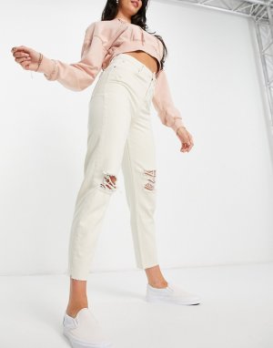 Светло-бежевые джинсы в винтажном стиле с рваной отделкой -Белый Stradivarius