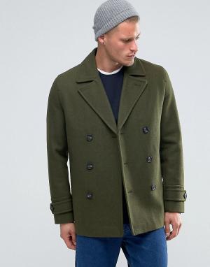 Полушерстяное пальто‑бушлат цвета хаки ASOS. Цвет: зеленый