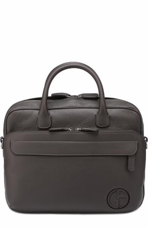Кожаная сумка для ноутбука с внешним карманом на молнии и плечевым ремнем Giorgio Armani. Цвет: темно-коричневый