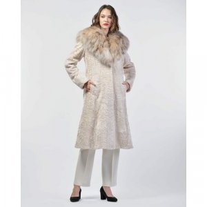 Пальто , каракуль, силуэт полуприлегающий, капюшон, размер 38, белый Manakas Frankfurt. Цвет: белый