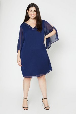 Платье прямого кроя Curve Hotfix с V-образным вырезом , темно-синий Wallis
