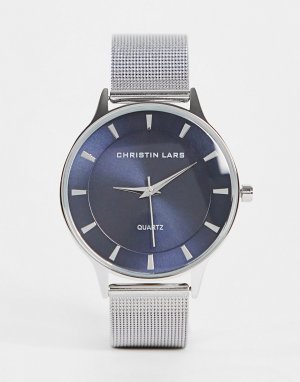 Серебристые мужские часы с темно-синим циферблатом и сетчатым ремешком -Серебристый Christin Lars