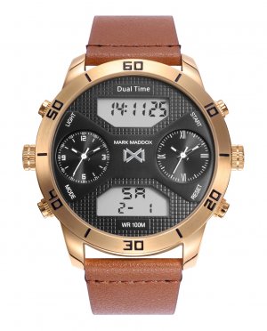 Мужские аналоговые и цифровые часы Mission из стали с золотой IP коричневым кожаным ремешком , коричневый Mark Maddox