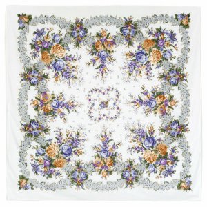 Платок ,146х146 см, белый, фиолетовый Павловопосадская платочная мануфактура. Цвет: оранжевый/зеленый/белый/фиолетовый