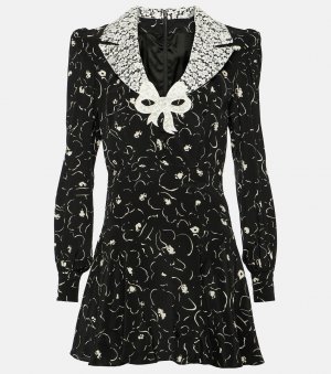 Мини-платье из шелка и кружева с цветочным принтом , черный Alessandra Rich