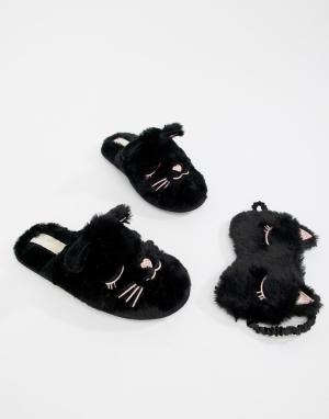 Черные слиперы с котами и маска для сна Figaro Head Over Heels by Dune. Цвет: черный