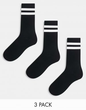 Три пары спортивных носков в полоску черного цвета New Look