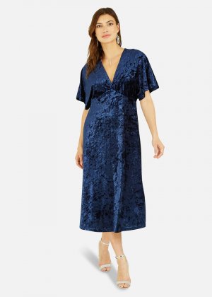 Темно-синее бархатное платье-кимоно миди Yumi