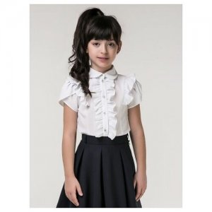 Блузка школьная, с коротким рукавом и рюшами, молочная, , LC7G-BL-8N-milk (128 молочный) LETTY. Цвет: белый