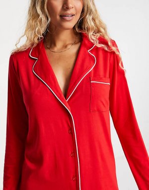 Красная рубашка для сна из вискозы с контрастной окантовкой ASOS DESIGN
