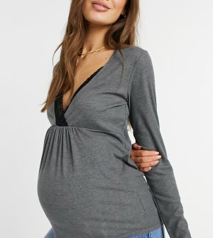 Серый топ от комплекта для беременных и кормящих мам с кружевной отделкой Mamalicious Mama.licious