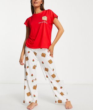 Пижамный комплект с брюками из вафельного трикотажа белого и красного цветов -Красный Loungeable
