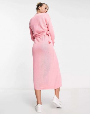 Гламурное платье-джемпер миди с запахом и завязкой на талии ярко-розового цвета Glamorous