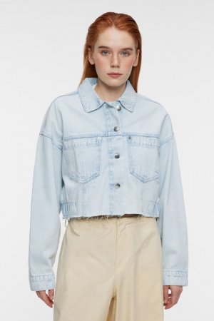Куртка-джинсовка укороченная с обрезанными краями befree. Цвет: голубой