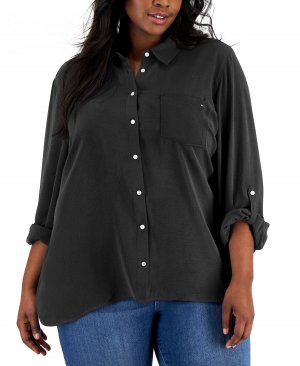 Рубашка больших размеров с рукавами-рукавами и пуговицами эмблемой, черный Tommy Hilfiger