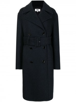 Двубортное пальто с поясом MM6 Maison Margiela. Цвет: синий