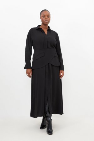Мягкое приталенное платье-рубашка макси с поясом больших размеров , черный Karen Millen
