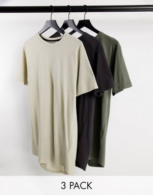 Набор из 3 удлиненных футболок угольного, светло-бежевого цвета и хаки -Multi Soul Star