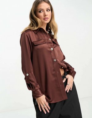 Атласная рубашка в стиле милитари темно-коричневого цвета River Island