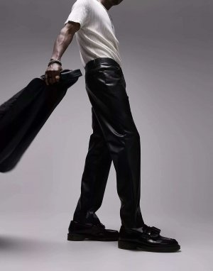 Черные прямые брюки из искусственной кожи Topman. Цвет: черный