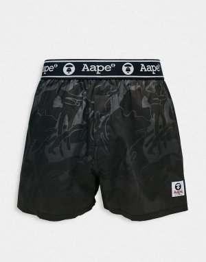 Черные хлопковые боксеры Aape by A Bathing Ape с камуфляжным принтом и поясом логотипом (Bape)