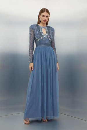 Тканое платье-макси с украшением и тюлевой юбкой , синий Karen Millen